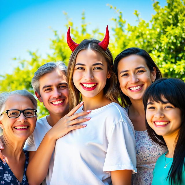 A happy family portrait in a sunny outdoor setting