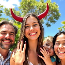 A happy family portrait in a sunny outdoor setting