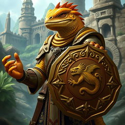 A majestic male Lizardfolk knight, featuring brilliant golden scales that shimmer in the light