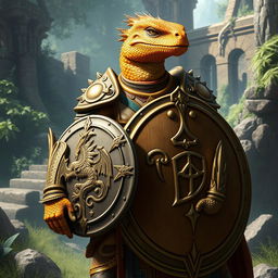 A majestic male Lizardfolk knight, featuring brilliant golden scales that shimmer in the light