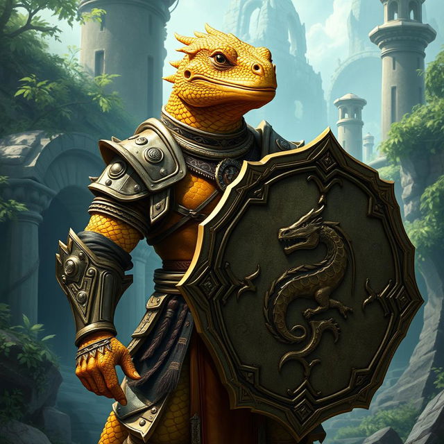 A majestic male Lizardfolk knight, featuring brilliant golden scales that shimmer in the light