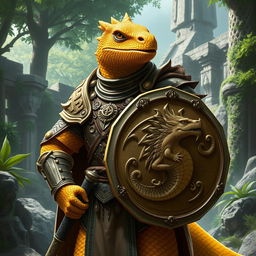 A majestic male Lizardfolk knight, featuring brilliant golden scales that shimmer in the light