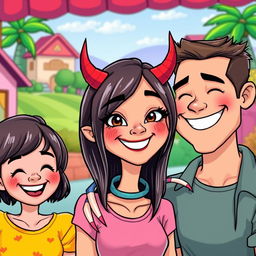 A cartoon illustration of a happy family in a cheerful setting