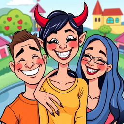 A cartoon illustration of a happy family in a cheerful setting