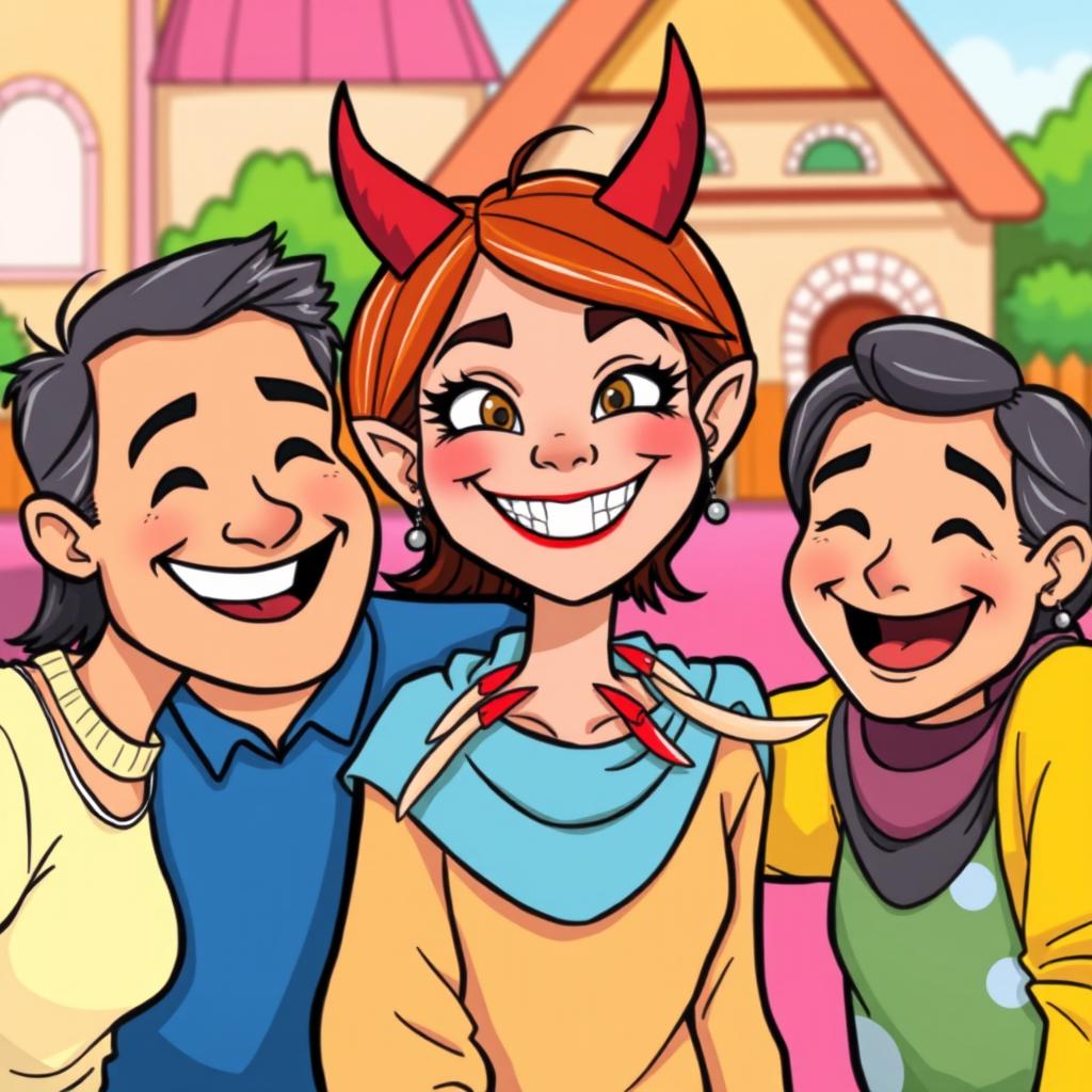 A cartoon illustration of a happy family in a cheerful setting