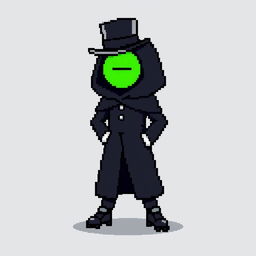 A pixel art character dressed in an elegant black outfit featuring a cloak and a top hat, looking shy