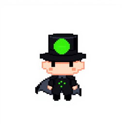 A pixel art character dressed in an elegant black outfit featuring a cloak and a top hat, looking shy