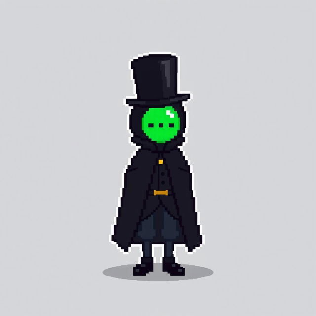 A pixel art character dressed in an elegant black outfit featuring a cloak and a top hat, looking shy