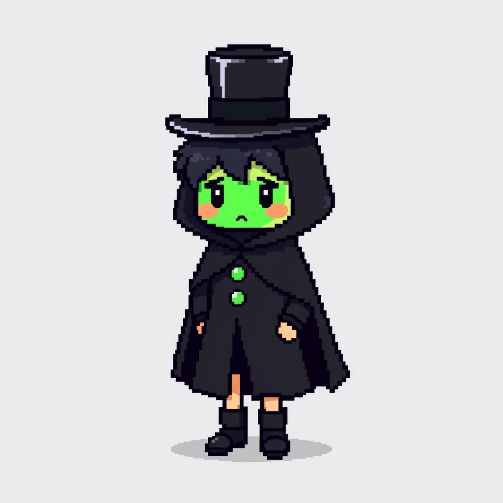 A pixel art character dressed in an elegant black outfit featuring a cloak and a top hat, looking shy