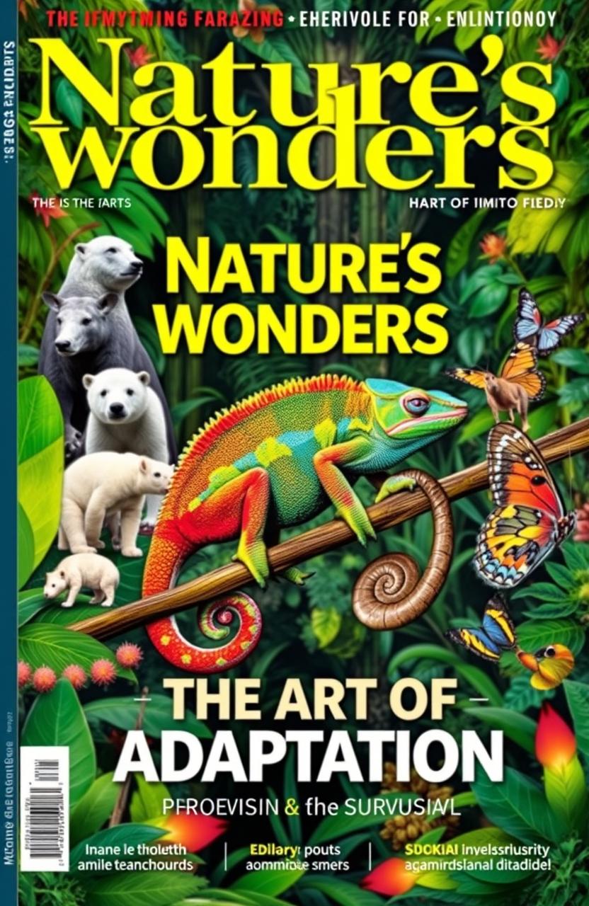 A vibrant magazine cover featuring the theme of adaptation in biology