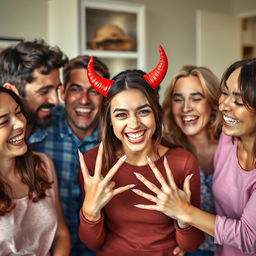 A vibrant and lively scene depicting a happy family gathered together, laughing and smiling warmly