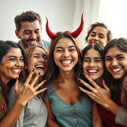 A vibrant and lively scene depicting a happy family gathered together, laughing and smiling warmly