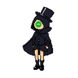 A pixel art character dressed in an elegant black outfit featuring a cloak and a top hat, looking shy
