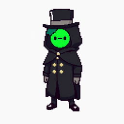 A pixel art character dressed in an elegant black outfit featuring a cloak and a top hat, looking shy