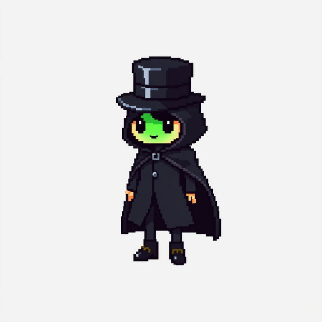 A pixel art character dressed in an elegant black outfit featuring a cloak and a top hat, looking shy