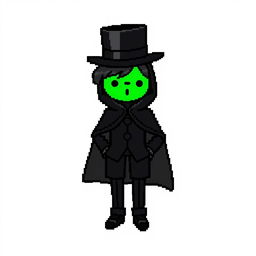 A pixel art character dressed in an elegant black outfit featuring a cloak and a top hat, looking shy