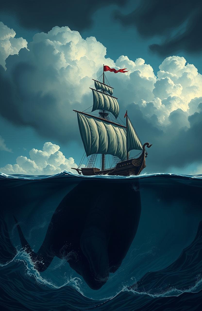 A dramatic scene from 'The Erratum' by Dauntless Brother, featuring a lone pirate ship sailing across turbulent seas