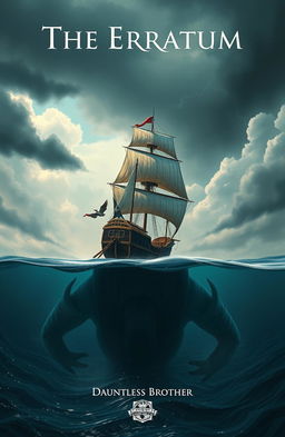 A dramatic scene from 'The Erratum' by Dauntless Brother, featuring a lone pirate ship sailing across turbulent seas