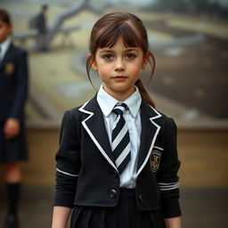 An ultra-realistic portrait of a young girl with the facial characteristics of Rachel Leigh Cook at a youthful age, wearing a school uniform that includes black patent leather shoes with straps, white knee socks, a white blouse with a perfectly fitting collar, a black and white striped tie, a black buttoned blazer featuring white piping and an emblem on the chest, and a black pleated skirt