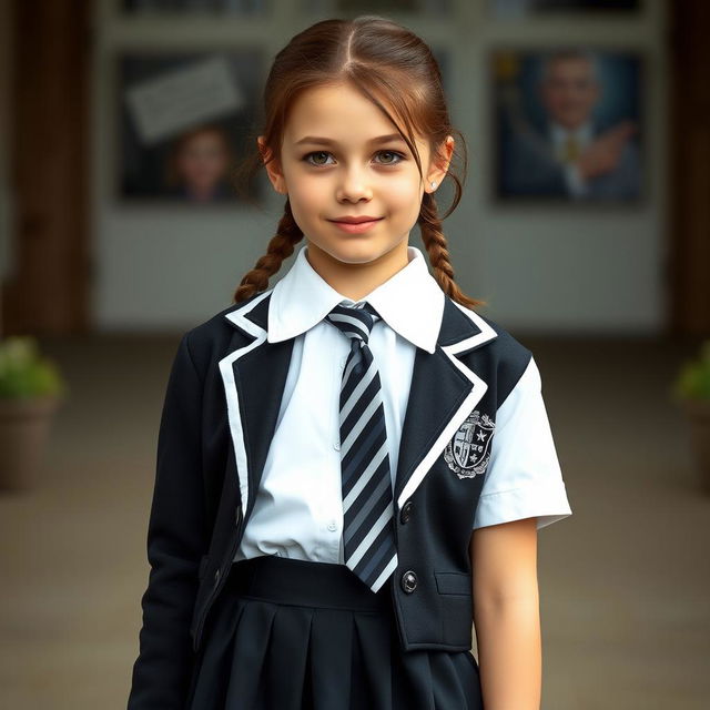 An ultra-realistic portrait of a young girl with the facial characteristics of Rachel Leigh Cook at a youthful age, wearing a school uniform that includes black patent leather shoes with straps, white knee socks, a white blouse with a perfectly fitting collar, a black and white striped tie, a black buttoned blazer featuring white piping and an emblem on the chest, and a black pleated skirt