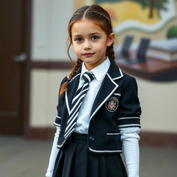 An ultra-realistic portrait of a young girl with the facial characteristics of Rachel Leigh Cook at a youthful age, wearing a school uniform that includes black patent leather shoes with straps, white knee socks, a white blouse with a perfectly fitting collar, a black and white striped tie, a black buttoned blazer featuring white piping and an emblem on the chest, and a black pleated skirt