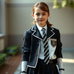 An ultra-realistic portrait of a young girl with the facial characteristics of Rachel Leigh Cook at a youthful age, wearing a school uniform that includes black patent leather shoes with straps, white knee socks, a white blouse with a perfectly fitting collar, a black and white striped tie, a black buttoned blazer featuring white piping and an emblem on the chest, and a black pleated skirt