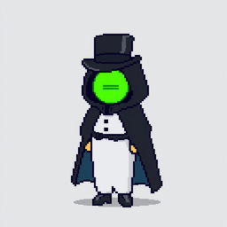 A pixel art character dressed in an elegant black outfit featuring a cloak and a top hat, looking shy