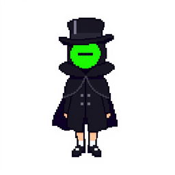 A pixel art character dressed in an elegant black outfit featuring a cloak and a top hat, looking shy