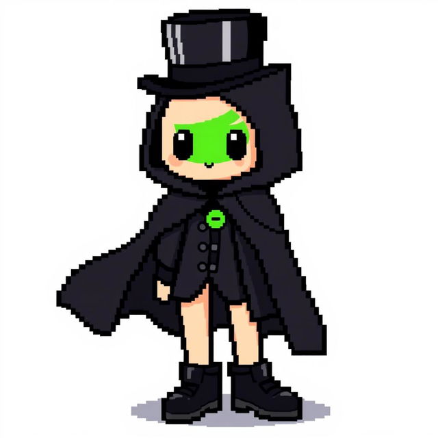 A pixel art character dressed in an elegant black outfit featuring a cloak and a top hat, looking shy