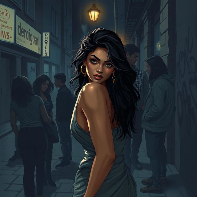 A sultry and evocative illustration of a young Indian woman with striking features, styled as a sensual character in a dramatic nighttime urban setting