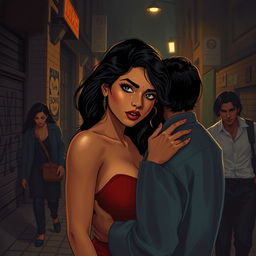 A sultry and evocative illustration of a young Indian woman with striking features, styled as a sensual character in a dramatic nighttime urban setting