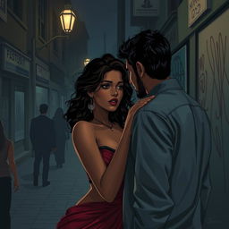 A sultry and evocative illustration of a young Indian woman with striking features, styled as a sensual character in a dramatic nighttime urban setting