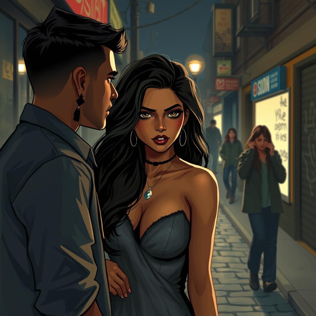 A sultry and evocative illustration of a young Indian woman with striking features, styled as a sensual character in a dramatic nighttime urban setting