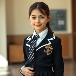 An ultra-realistic portrait of a young girl with the facial characteristics of Rachel Leigh Cook at a youthful age, wearing a precisely fitting school uniform that includes black patent leather shoes with straps, white knee socks, a white blouse with a perfectly fitting collar, a black and white striped tie, a black buttoned blazer featuring white piping and an emblem on the chest, and a black pleated skirt