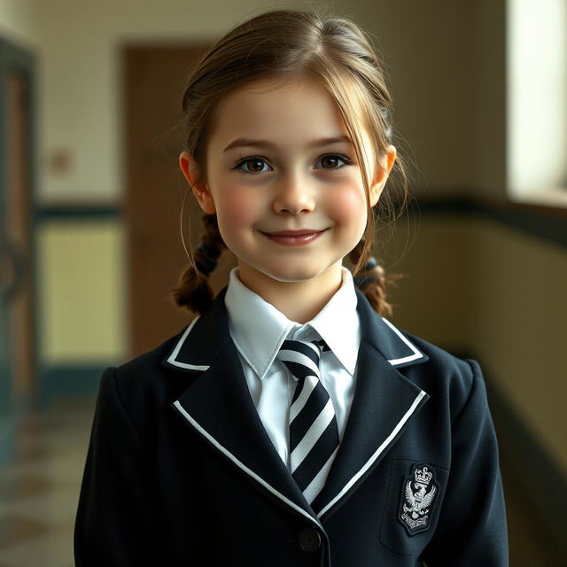 An ultra-realistic portrait of a young girl with the facial characteristics of Rachel Leigh Cook at a youthful age, wearing a precisely fitting school uniform that includes black patent leather shoes with straps, white knee socks, a white blouse with a perfectly fitting collar, a black and white striped tie, a black buttoned blazer featuring white piping and an emblem on the chest, and a black pleated skirt