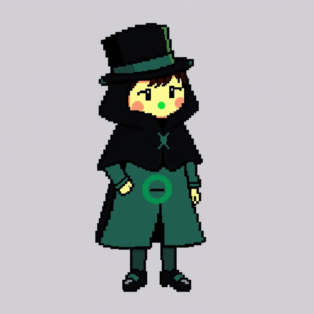 A pixel art character dressed in an elegant black outfit featuring a cloak and a top hat, looking shy