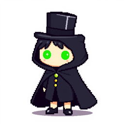 A pixel art character dressed in an elegant black outfit featuring a cloak and a top hat, looking shy