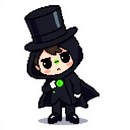 A pixel art character dressed in an elegant black outfit featuring a cloak and a top hat, looking shy