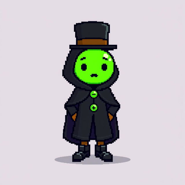 A pixel art character dressed in an elegant black outfit featuring a cloak and a top hat, looking shy