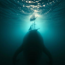 A stunning upside view from beneath the ocean, showcasing the underside of a lone pirate ship sailing above the depths