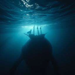 A stunning upside view from beneath the ocean, showcasing the underside of a lone pirate ship sailing above the depths