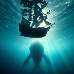 A stunning upside view from beneath the ocean, showcasing the underside of a lone pirate ship sailing above the depths