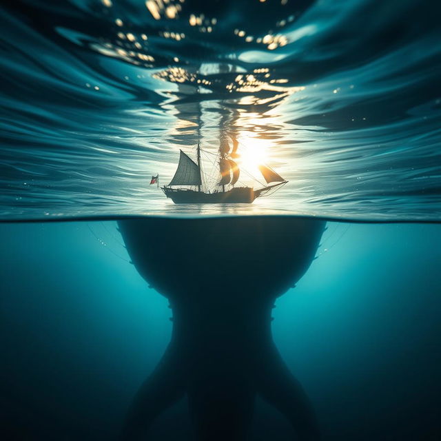 A stunning upside view from beneath the ocean, showcasing the underside of a lone pirate ship sailing above the depths