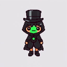 A pixel art character dressed in a classy black outfit featuring a cloak and a top hat, appearing shy