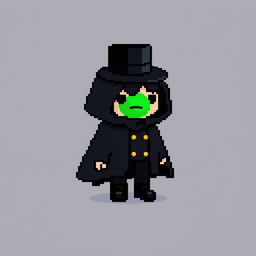 A pixel art character dressed in a classy black outfit featuring a cloak and a top hat, appearing shy