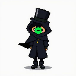 A pixel art character dressed in a classy black outfit featuring a cloak and a top hat, appearing shy