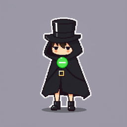 A pixel art character dressed in a classy black outfit featuring a cloak and a top hat, appearing shy