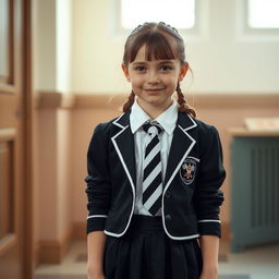 An ultra-realistic portrait of a young girl with the distinctive facial features of Rachel Leigh Cook at 12 years old