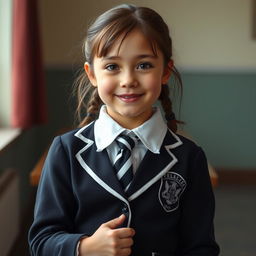 An ultra-realistic portrait of a young girl with the distinctive facial features of Rachel Leigh Cook at 12 years old