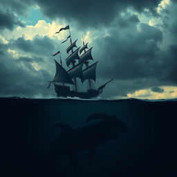 An epic scene inspired by 'The Erratum' by Dauntless Brother, showcasing a lone pirate ship bravely sailing above a dark ocean